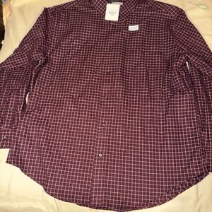 St Johns Bay Mens XL Burgundy Windowpane Check Button Down Shirt Long Sleeve NEW